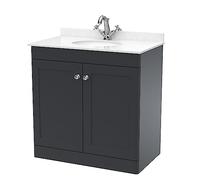 nuie CLC1426WR1 Classique Traditional Bathroom Floor Standing 2 Door Unit & 1 Tap Hole Marble Worktop with Round Basin, 800mm, Soft Black/White