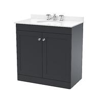 nuie CLC1426WR3 Classique Traditional Bathroom Floor Standing 2 Door Unit & 3 Tap Hole Marble Worktop with Round Basin, 800mm, Soft Black/White