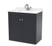 nuie CLC1426WS1 Classique Traditional Bathroom Floor Standing 2 Door Unit & 1 Tap Hole Marble Worktop with Square Basin, 800mm, Soft Black/White