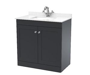nuie CLC1426WS1 Classique Traditional Bathroom Floor Standing 2 Door Unit & 1 Tap Hole Marble Worktop with Square Basin, 800mm, Soft Black/White