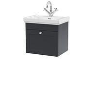 nuie CLC1491A Classique Traditional Bathroom Wall Hung 1 Drawer Vanity Unit with 1 Tap Hole Fireclay Basin, 500mm, Soft Black