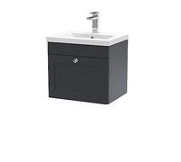 nuie CLC1491D Classique Traditional Bathroom Wall Hung 1 Drawer Unit & Mid-Edge Ceramic Basin, 500mm, Soft Black