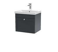 nuie CLC1491E Classique Traditional Bathroom Wall Hung 1 Drawer Unit & Thin-Edge Ceramic Basin, 500mm, Soft Black