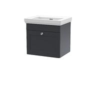 nuie CLC1491H Classique Wall Hung 1 Drawer Vanity Unit & 0 Tap Hole Fireclay Basin, 500mm, Satin Anthracite, Soft Black