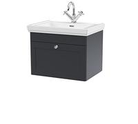 nuie CLC1494A Classique Traditional Bathroom Wall Hung 1 Drawer Vanity Basin Unit with 1 Tap Hole Fireclay Basin, 600mm, Soft Black