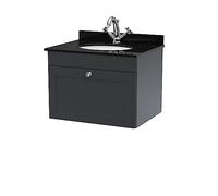 nuie CLC1494BR1 Classique Wall Hung 1 Drawer Unit & 1 Tap Hole Marble Worktop with Round Basin, 600mm, Satin Anthracite, Soft Black