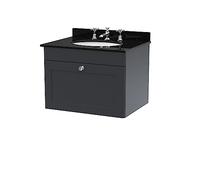 nuie CLC1494BR3 Classique Wall Hung 1 Drawer Unit & 3 Tap Hole Marble Worktop with Round Basin, 600mm, Satin Anthracite, Soft Black