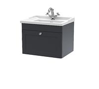 nuie CLC1494F Classique Traditional Bathroom Wall Hung 1 Drawer Vanity Unit & 1 Tap Hole Ceramic Basin, 600mm, Soft Black