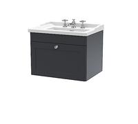 nuie CLC1494G Classique Traditional Bathroom Wall Hung 1 Drawer Vanity Unit & 3 Tap Hole Ceramic Basin, 600mm, Soft Black