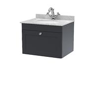 nuie CLC1494GR1 Classique Traditional Bathroom Wall Hung 1 Drawer Unit & 1 Tap Hole Marble Worktop with Round Basin, 600mm, Soft Black/Grey
