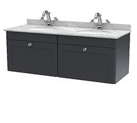 nuie CLC1494GR2 Classique Wall Hung 2 Drawer Unit & 1 Tap Hole Double Marble Top with Round Basin, 1200mm, Satin Anthracite/Grey, Soft Black