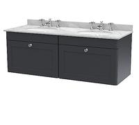 nuie CLC1494GR6 Classique Traditional Bathroom Wall Hung 2 Drawer Unit & 3 Tap Hole Double Marble Top with Round Basin, 1200mm, Soft Black/Grey