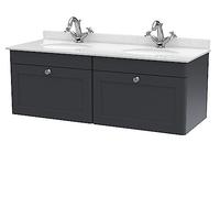 nuie CLC1494WR2 Classique Wall Hung 2 Drawer Unit & 1 Tap Hole Double Marble Top with Round Basin, 1200mm, Satin Anthracite/White, Soft Black