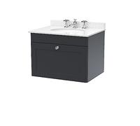 nuie CLC1494WR3 Classique Wall Hung 1 Drawer Unit & 3 Tap Hole Marble Worktop with Round Basin, 600mm, Satin Anthracite/White, Soft Black