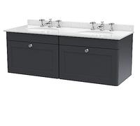 nuie CLC1494WR6 Classique Traditional Bathroom Wall Hung 2 Drawer Unit & 3 Tap Hole Double Marble Top with Round Basin, 1200mm, Soft Black/White