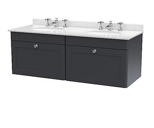 nuie CLC1494WR6 Classique Traditional Bathroom Wall Hung 2 Drawer Unit & 3 Tap Hole Double Marble Top with Round Basin, 1200mm, Soft Black/White