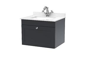 nuie CLC1494WS1 Classique Wall Hung 1 Drawer Unit & 1 Tap Hole Marble Worktop with Square Basin, 600mm, Satin Anthracite/White, Soft Black
