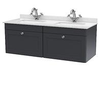nuie CLC1494WS2 Classique Traditional Bathroom Wall Hung 2 Drawer Unit & 1 Tap Hole Marble Worktop with Square Basin, 1200mm, Soft Black/White