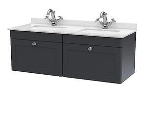 nuie CLC1494WS2 Classique Wall Hung 2 Drawer Unit & 1 Tap Hole Marble Worktop with Square Basin, 1200mm, Satin Anthracite/White, Soft Black