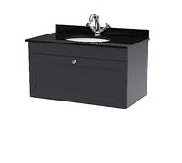 nuie CLC1496BR1 Classique Wall Hung 1 Drawer Unit & 1 Tap Hole Marble Worktop with Round Basin, 800mm, Satin Anthracite, Soft Black