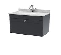 nuie CLC1496GR1 Classique Wall Hung 1 Drawer Unit & 1 Tap Hole Marble Worktop with Round Basin, 800mm, Satin Anthracite/Grey, Soft Black