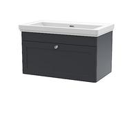 nuie CLC1496H Classique Traditional Bathroom Wall Hung 1 Drawer Vanity Unit & 0 Tap Hole Fireclay Basin, 800mm, Soft Black