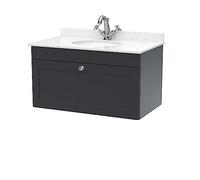 nuie CLC1496WR1 Classique Traditional Bathroom Wall Hung 1 Drawer Unit & 1 Tap Hole Marble Worktop with Round Basin, 800mm, Soft Black/White