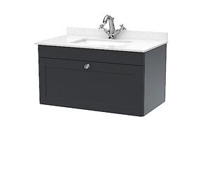 nuie CLC1496WS1 Classique Wall Hung 1 Drawer Unit & 1 Tap Hole Marble Worktop with Square Basin, 800mm, Satin Anthracite/White, Soft Black