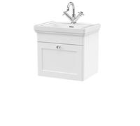 nuie CLC191A Classique Traditional Bathroom Wall Hung 1 Drawer Vanity Unit with 1 Tap Hole Fireclay Basin, 500mm, Satin White