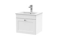 nuie CLC191C Classique Traditional Bathroom Wall Hung 1 Drawer Unit & Minimalist Ceramic Basin, 500mm, Satin White