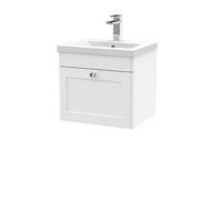 nuie CLC191D Classique Traditional Bathroom Wall Hung 1 Drawer Unit & Mid-Edge Ceramic Basin, 500mm, Satin White