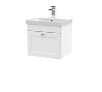 nuie CLC191E Classique Traditional Bathroom Wall Hung 1 Drawer Unit & Thin-Edge Ceramic Basin, 500mm, Satin White