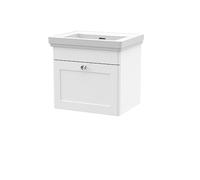 nuie CLC191H Classique Wall Hung 1 Drawer Vanity Unit & 0 Tap Hole Fireclay Basin, 500mm, Satin White