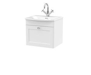 nuie CLC191J Classique Traditional Bathroom Wall Hung 1 Soft Close Drawer Vanity Unit and Curved Basin, 500mm, Satin White