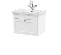 nuie CLC194A Classique Traditional Bathroom Wall Hung 1 Drawer Vanity Basin Unit with 1 Tap Hole Fireclay Basin, 600mm, Satin White