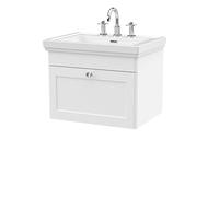 nuie CLC194B Classique Traditional Bathroom Wall Hung 1 Drawer Vanity Basin Unit with 3 Tap Hole Fireclay Basin, 600mm, Satin White