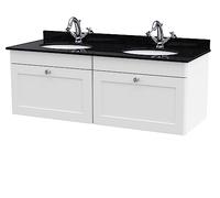 nuie CLC194BR2 Classique Traditional Bathroom Wall Hung 2 Drawer Unit & 1 Tap Hole Double Marble Top with Round Basin, 1200mm, Satin White/Black