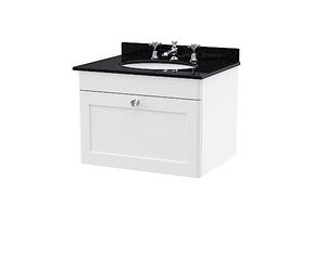 nuie CLC194BR3 Classique Traditional Bathroom Wall Hung 1 Drawer Unit & 3 Tap Hole Marble Worktop with Round Basin, 600mm, Satin White/Black