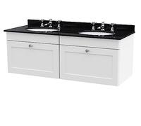 nuie CLC194BR6 Classique Traditional Bathroom Wall Hung 2 Drawer Unit & 3 Tap Hole Double Marble Top with Round Basin, 1200mm, Satin White/Black