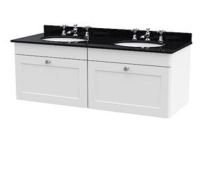 nuie CLC194BR6 Classique Traditional Bathroom Wall Hung 2 Drawer Unit & 3 Tap Hole Double Marble Top with Round Basin, 1200mm, Satin White/Black