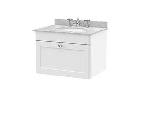 nuie CLC194GR3 Classique Traditional Bathroom Wall Hung 1 Drawer Unit & 3 Tap Hole Marble Worktop with Round Basin, 600mm, Satin White/Grey