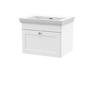 nuie CLC194H Classique Traditional Bathroom Wall Hung 1 Drawer Vanity Unit & 0 Tap Hole Fireclay Basin, 600mm, Satin White