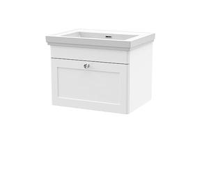 nuie CLC194H Classique Traditional Bathroom Wall Hung 1 Drawer Vanity Unit & 0 Tap Hole Fireclay Basin, 600mm, Satin White