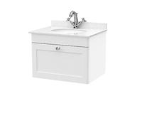 nuie CLC194WR1 Classique Wall Hung 1 Drawer Unit & 1 Tap Hole Marble Worktop with Round Basin, 600mm, Satin White