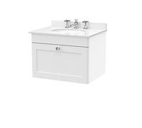nuie CLC194WR3 Classique Wall Hung 1 Drawer Unit & 3 Tap Hole Marble Worktop with Round Basin, 600mm, Satin White