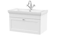 nuie CLC196A Classique Traditional Bathroom Wall Hung 1 Drawer Vanity Basin Unit with 1 Tap Hole Fireclay Basin, 800mm, Satin White