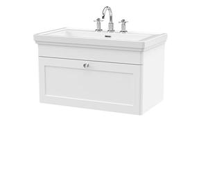nuie CLC196B Classique Traditional Bathroom Wall Hung 1 Drawer Vanity Basin Unit with 3 Tap Hole Fireclay Basin, 800mm, Satin White