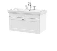 nuie CLC196B Classique Traditional Bathroom Wall Hung 1 Drawer Vanity Unit with 3 Tap Hole Fireclay Basin, 800mm, Satin White