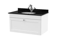 nuie CLC196BR1 Classique Traditional Bathroom Wall Hung 1 Drawer Unit & 1 Tap Hole Marble Worktop with Round Basin, 800mm, Satin White/Black
