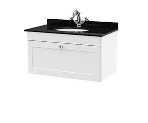 nuie CLC196BR1 Classique Traditional Bathroom Wall Hung 1 Drawer Unit & 1 Tap Hole Marble Worktop with Round Basin, 800mm, Satin White/Black